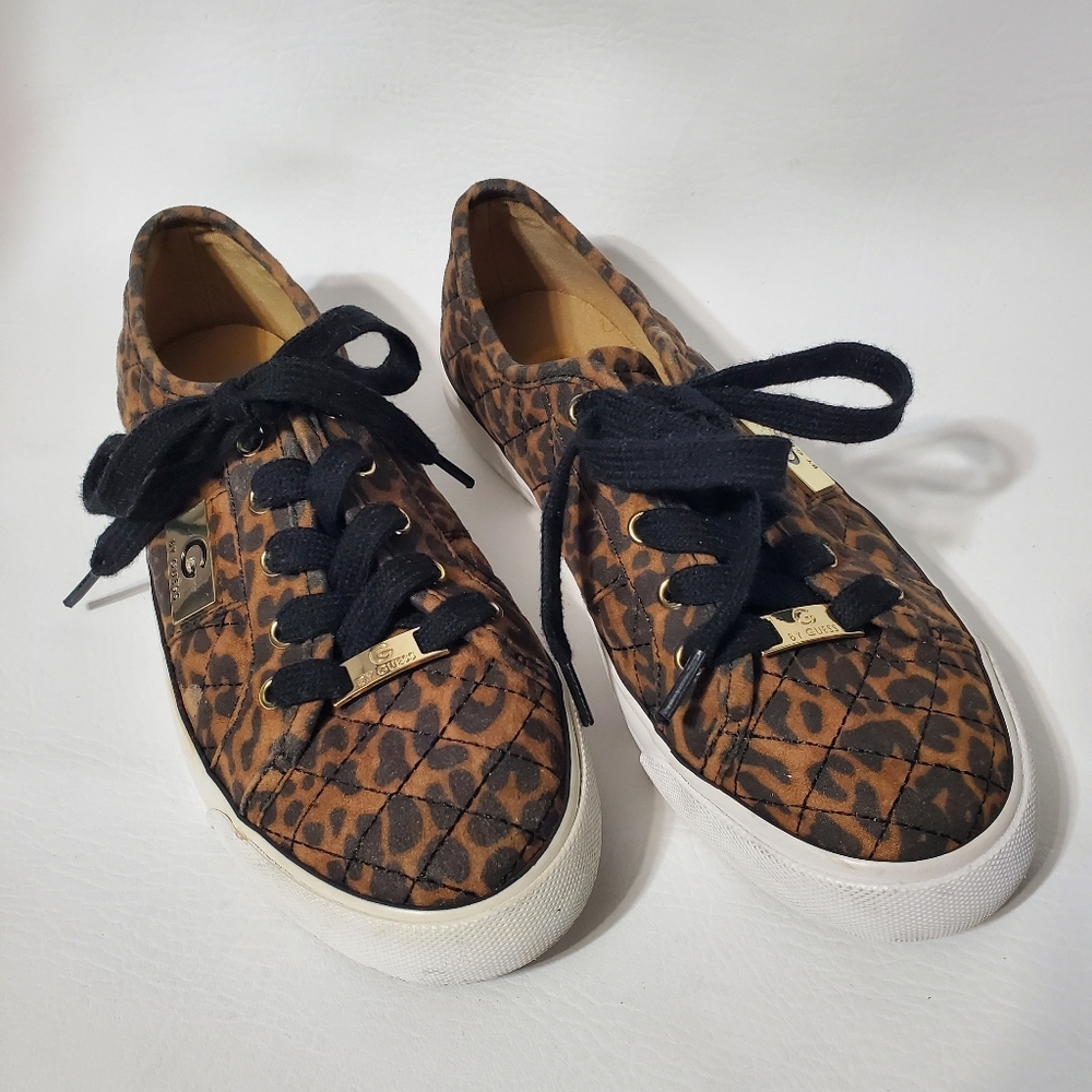 Guess Leopard Print Quilted Brown and Black Sneakers Skateboard Style Size 6